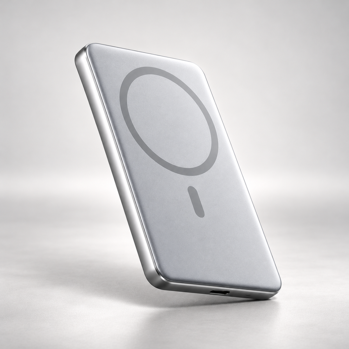 Titanium 5,000mAh ultra-slim magnetic power bank front, with magnetic charging ring on a light studio background