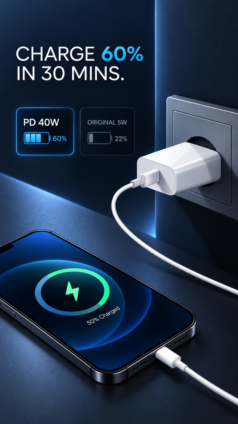 40W USB-C Power Delivery wall charger and compatible charging cable configurations