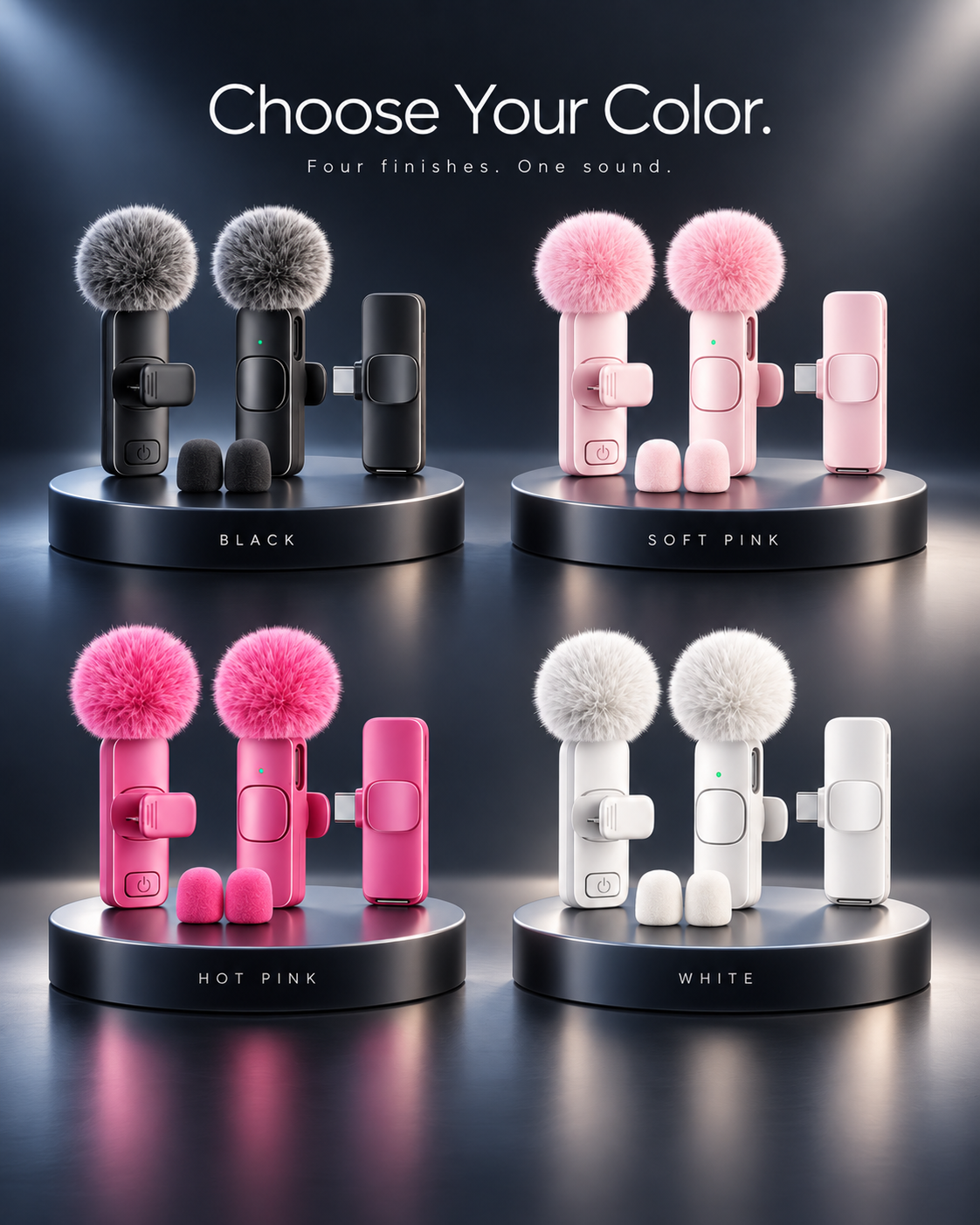 Four small handheld microphone-style devices with fluffy pom-poms are arranged in a 2x2 grid on black round bases. The top row shows black and soft pink versions, and the bottom row shows hot pink and white versions.