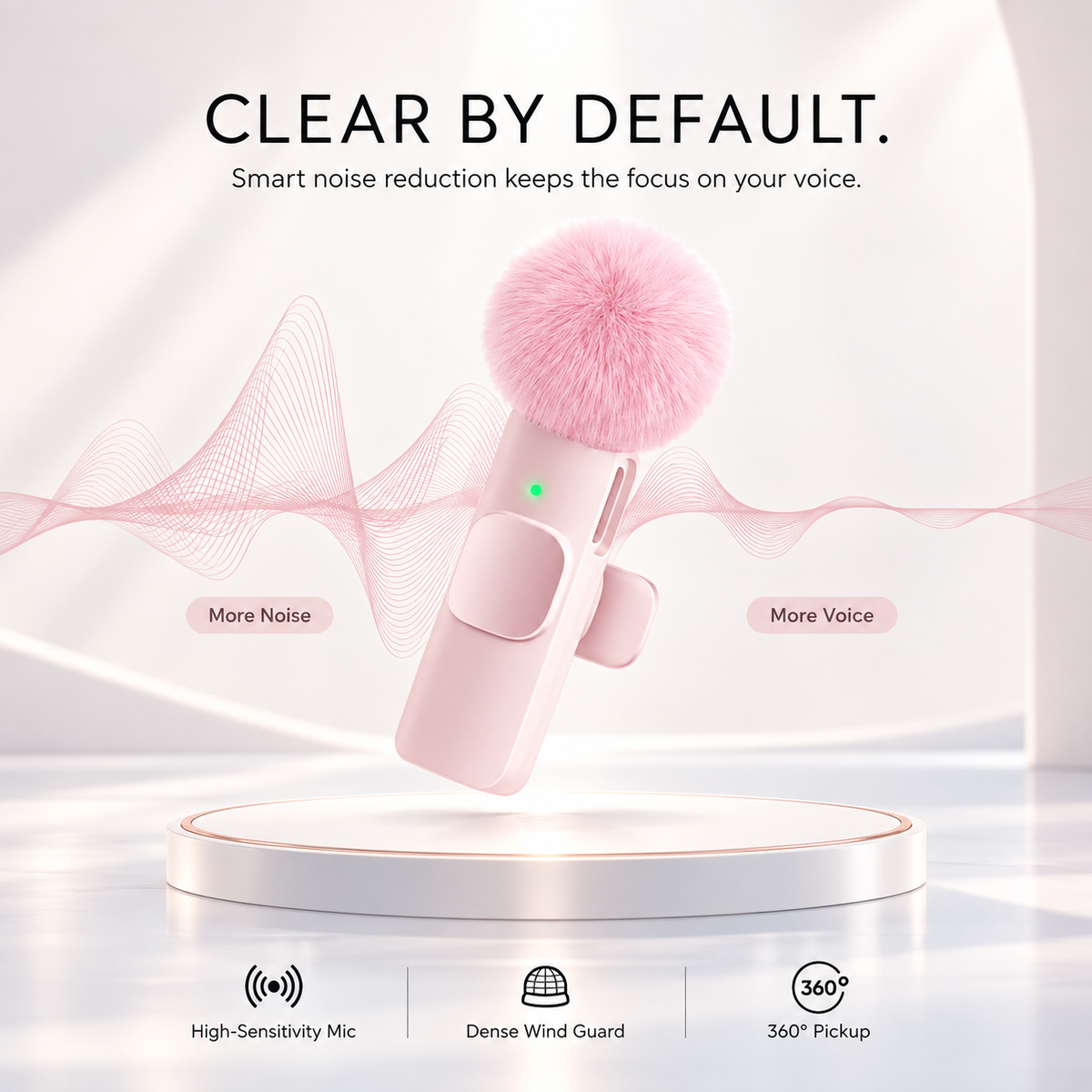 A pink handheld microphone with a fluffy pink foam windscreen floating above a white pedestal. The image includes marketing text reading 'CLEAR BY DEFAULT.