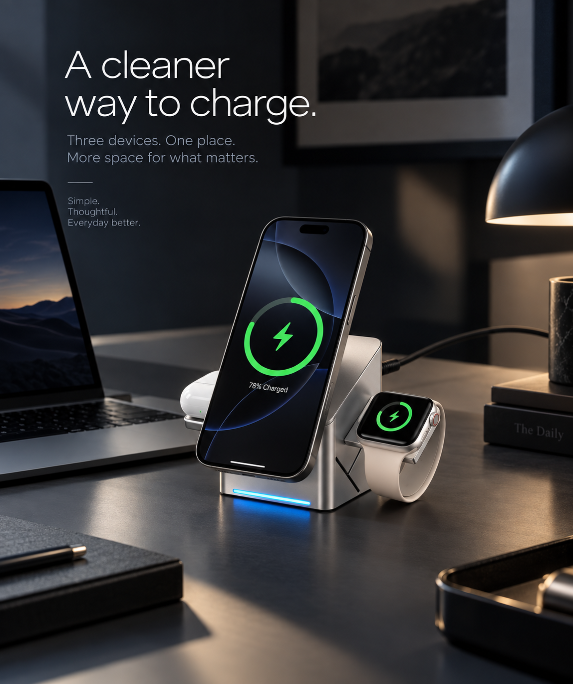 Rotating Qi2 3-in-1 wireless charging dock for compatible phone, smartwatch and earbuds