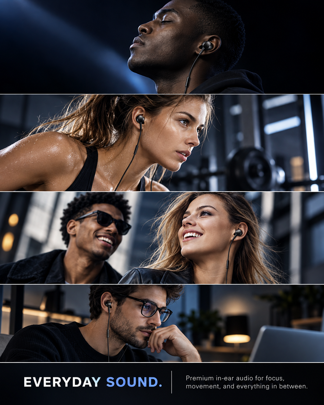 A four-panel promotional collage showing people wearing in-ear earbuds in different settings: a man looking upward, a woman sweating in a gym, a smiling man and woman together, and a man working on a laptop. The bottom text reads 'EVERYDAY SOUND.