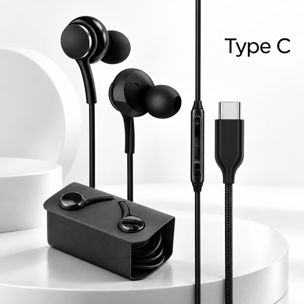 Black wired in-ear headphones with a braided cable, inline remote control, and a USB-C connector, displayed with a matching black charging case on a clean white studio background. The text 'Type C' appears in the upper right.