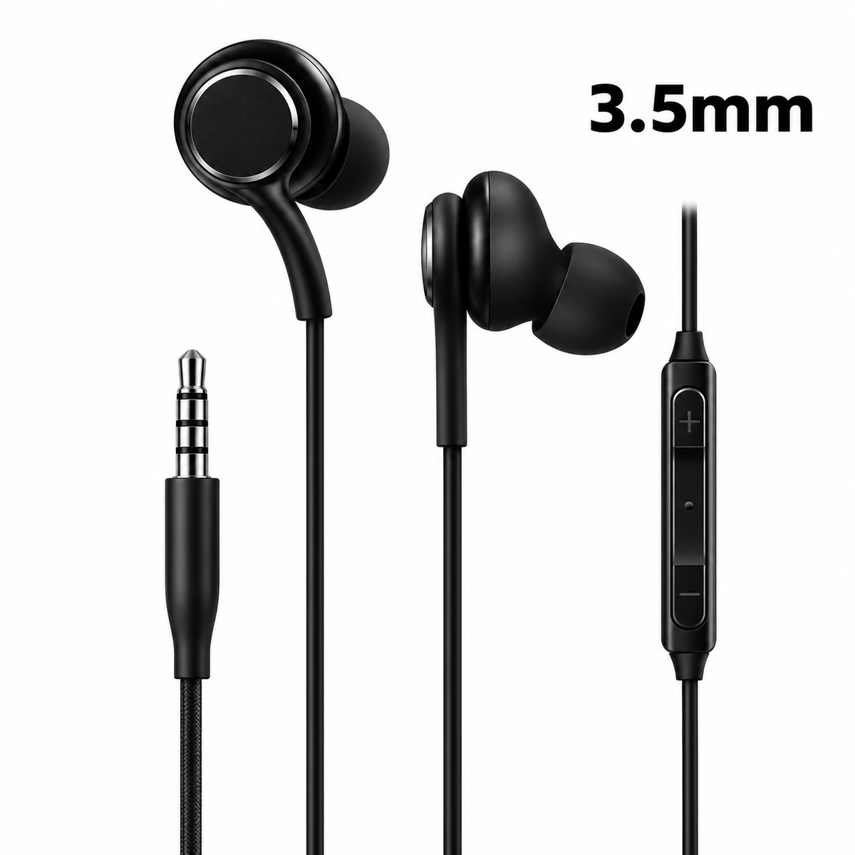 Black in-ear wired headphones with a 3.5mm jack, inline remote, and ear tips, shown on a white background with '3.5mm' text.