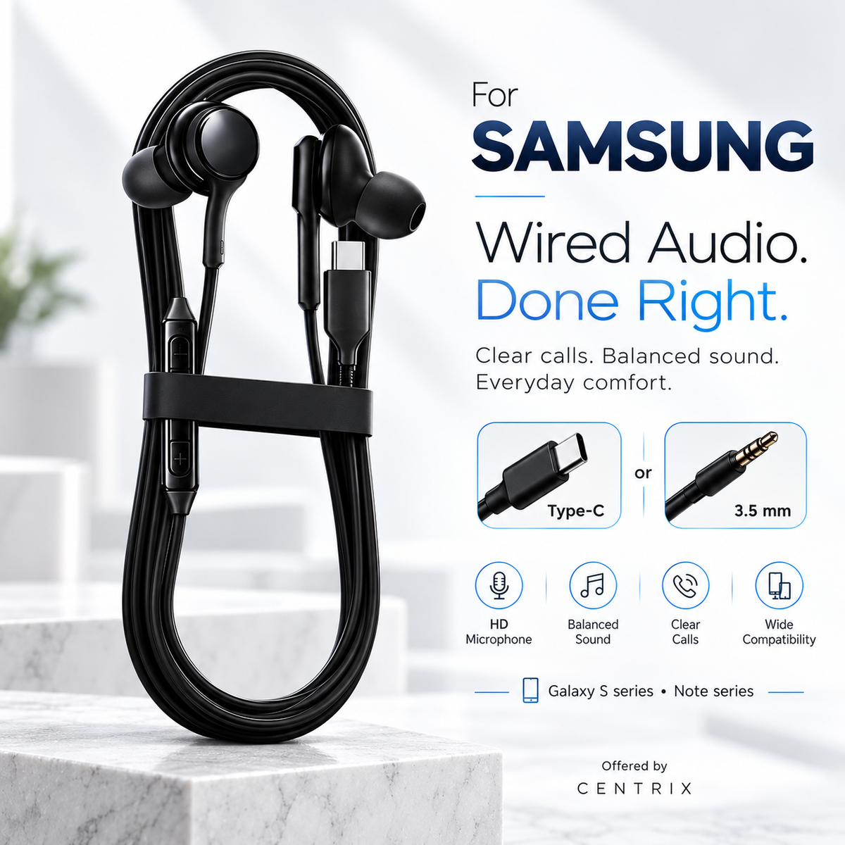 Black wired earphones with a USB-C connector and inline remote, displayed on a white marble pedestal with promotional text for Samsung compatibility and Centrix branding.