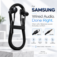 Black wired earphones with a USB-C connector and inline remote, displayed on a white marble pedestal with promotional text for Samsung compatibility and Centrix branding.