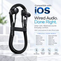 Black wired earphones with a black inline remote and USB-C connector, shown on a light marble surface with promotional text listing compatible iOS phone models and feature icons.