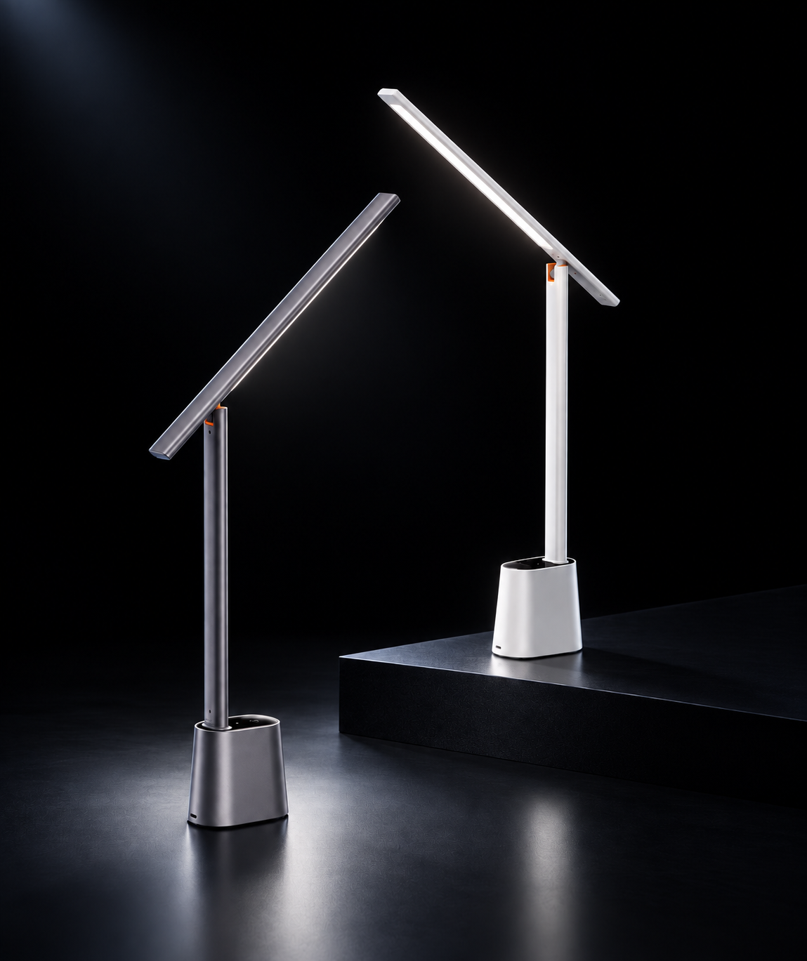 Two modern adjustable LED desk lamps with slim rectangular light bars and cylindrical bases, shown on a dark studio background with one lamp lit and one unlit.