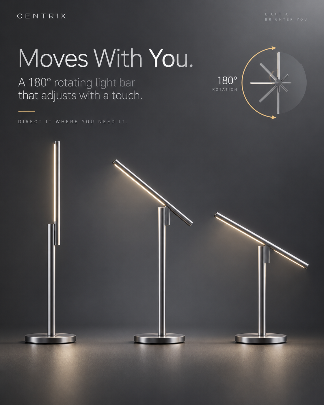 Three rotating light bar floor lamps shown in different angles against a dark gray background, with promotional text and a 180-degree rotation graphic.