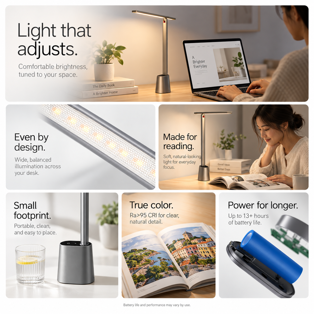 A promotional collage for a modern adjustable desk lamp shown in multiple lifestyle scenes. The lamp has a sleek metallic base and a slim rectangular light head, with text callouts describing features like adjustable lighting, even illumination, compact footprint, true color rendering, and long battery life.