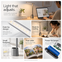 A promotional collage for a modern adjustable desk lamp shown in multiple lifestyle scenes. The lamp has a sleek metallic base and a slim rectangular light head, with text callouts describing features like adjustable lighting, even illumination, compact footprint, true color rendering, and long battery life.