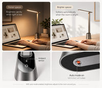 A promotional infographic for an adjustable LED desk lamp, showing four panels: two lifestyle scenes of a person using a laptop under the lamp in darker and brighter room settings, and two close-up product detail shots highlighting the ambient sensor and touch switch.