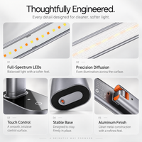 A product feature infographic for a modern linear LED light bar, showing five detailed close-up panels with text labels: Full-Spectrum LEDs, Precision Diffusion, Touch Control, Stable Base, and Aluminum Finish, all on a light gray background.