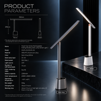 A dark gray folding desk lamp shown with product parameters text and dimensions on a dark studio background. The lamp has a slim rectangular light bar, a cylindrical base, and two stand positions labeled 750mm and 450mm.