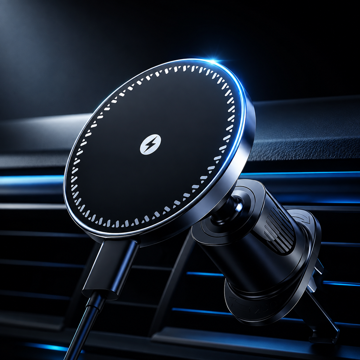 A black magnetic car phone charger with a circular pad and clip, shown plugged into a car air vent. The charger features a metallic silver outer rim with white markings and a blue LED light ring, and a white circular logo with a lightning bolt in the center.
