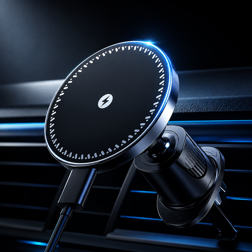 A black magnetic car phone charger with a circular pad and clip, shown plugged into a car air vent. The charger features a metallic silver outer rim with white markings and a blue LED light ring, and a white circular logo with a lightning bolt in the center.