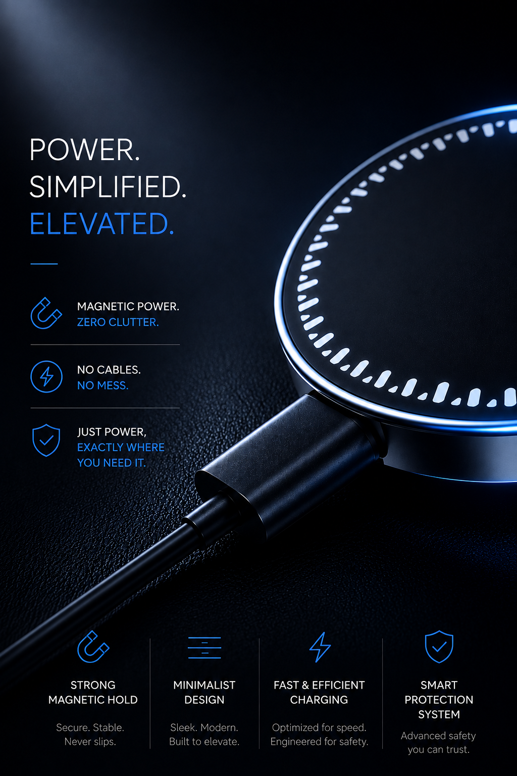 A close-up promotional graphic of a black wireless charging pad with a glowing blue ring, shown on a dark textured surface. Text on the left reads "POWER. SIMPLIFIED. ELEVATED."