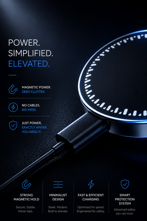 A close-up promotional graphic of a black wireless charging pad with a glowing blue ring, shown on a dark textured surface. Text on the left reads "POWER. SIMPLIFIED. ELEVATED."
