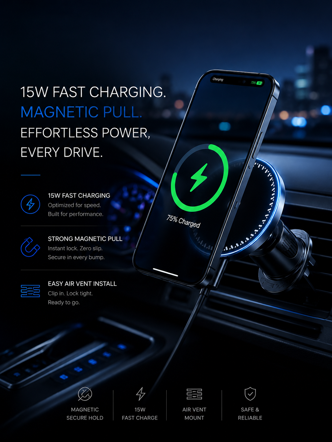 A magnetic car air vent phone charger holding a smartphone in a dark car interior at night. The phone screen shows a green charging icon and 7% charged.
