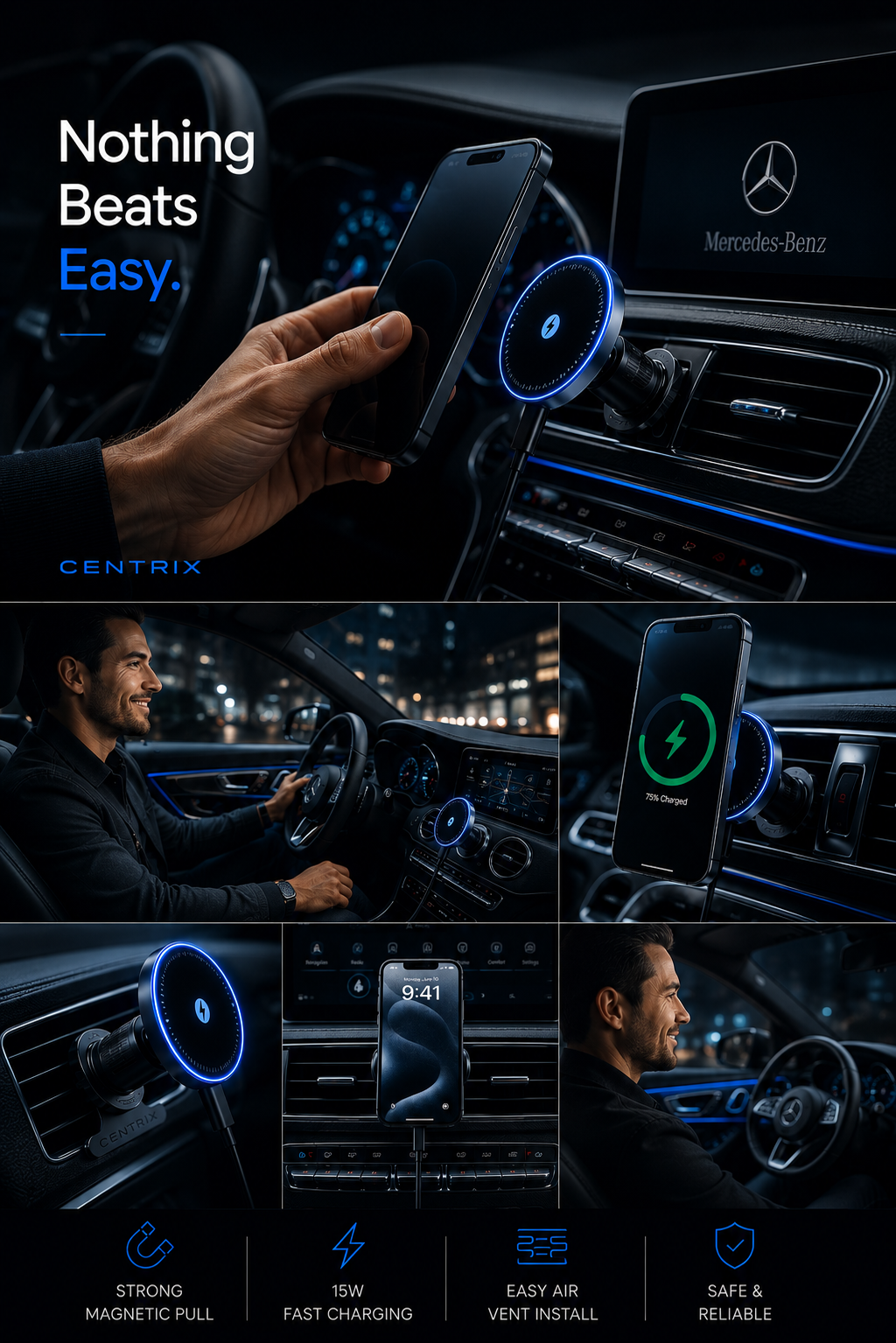 A promotional collage for a Centrix magnetic car phone mount, showing a hand holding a phone near the mount in a car interior, a driver smiling while using it, close-ups of the mount attached to the dashboard, and feature icons for magnetic pull, fast charging, air vent installation, and reliability.