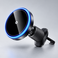 15W Magnetic Wireless Car Charger, Air Vent Mount — black circular charger with blue LED ring and vent hook attachment