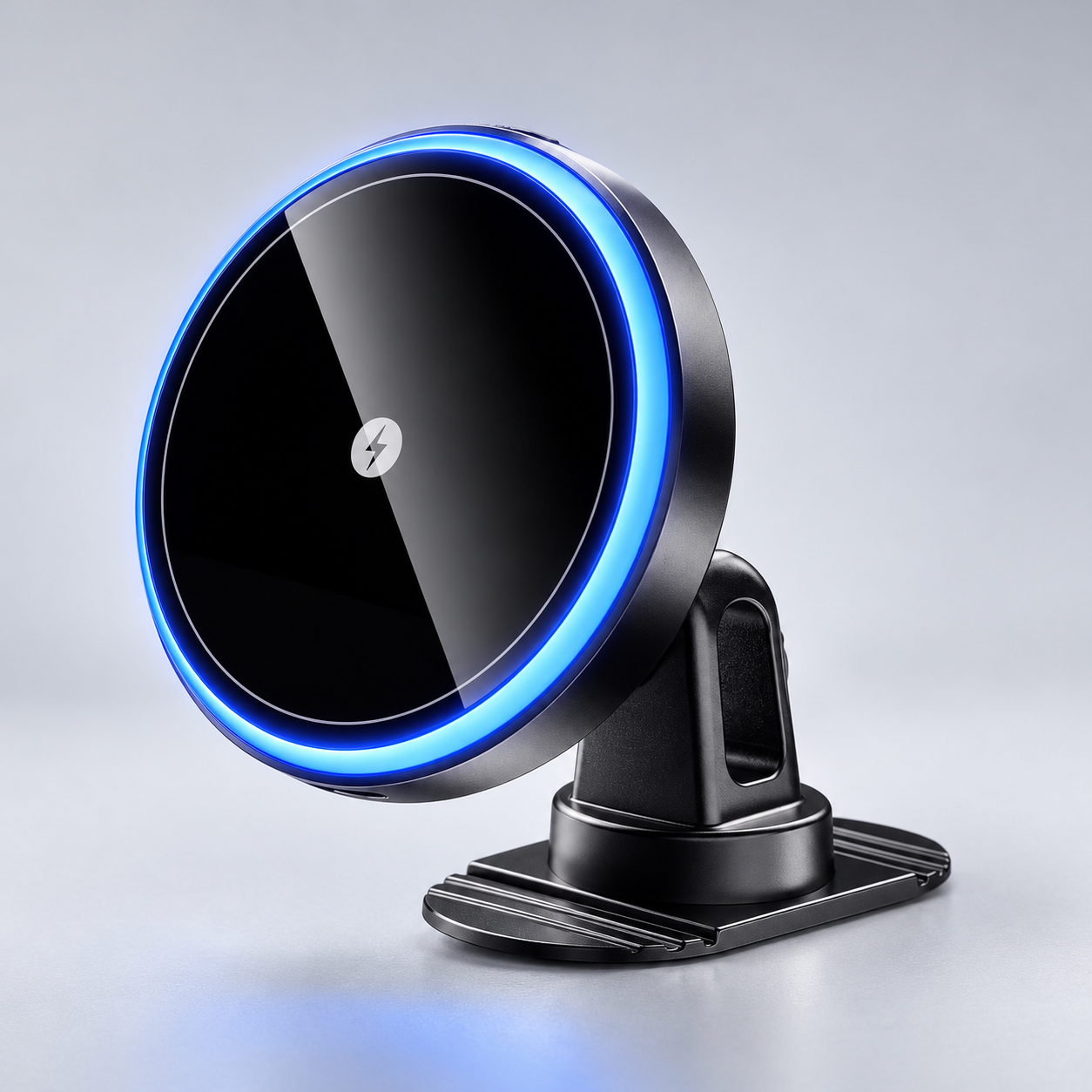 
                    15W Magnetic Wireless Car Charger, Dashboard Adhesive Mount — black circular charger with blue LED ring on adhesive base
                  