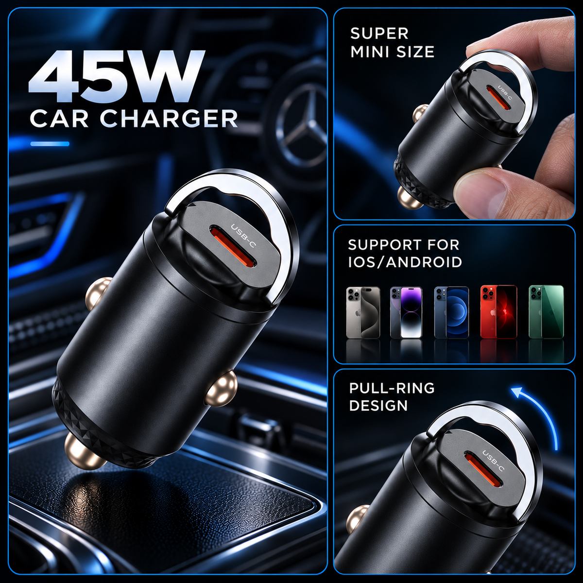 USB-C vehicle charging adapter offered in multiple configurations up to 45W