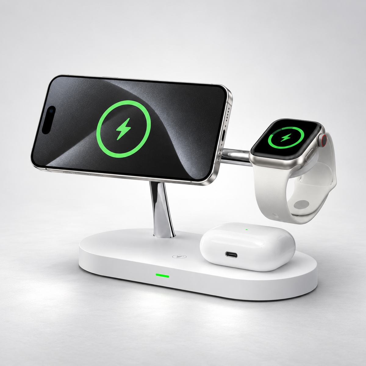 Magnetic 3-in-1 charging stand for compatible phone, smartwatch and earbuds in White