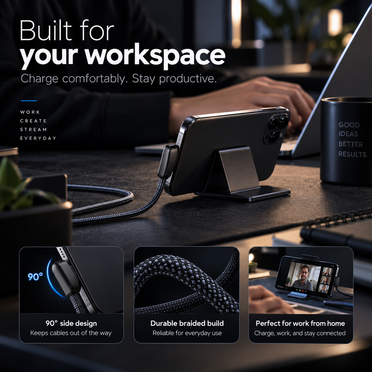 90-degree right-angle braided charging cable with USB-A or USB-C connector choices