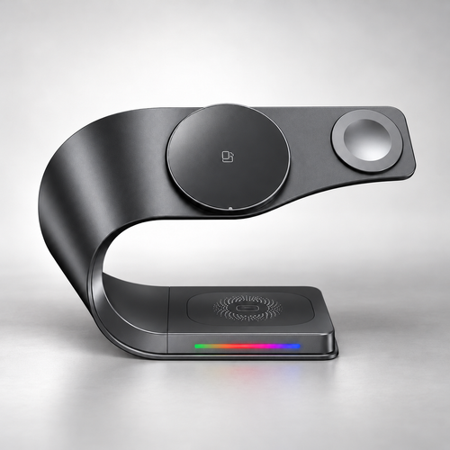 Metal 4-in-1 magnetic charging station offered in silver and gray in Gray