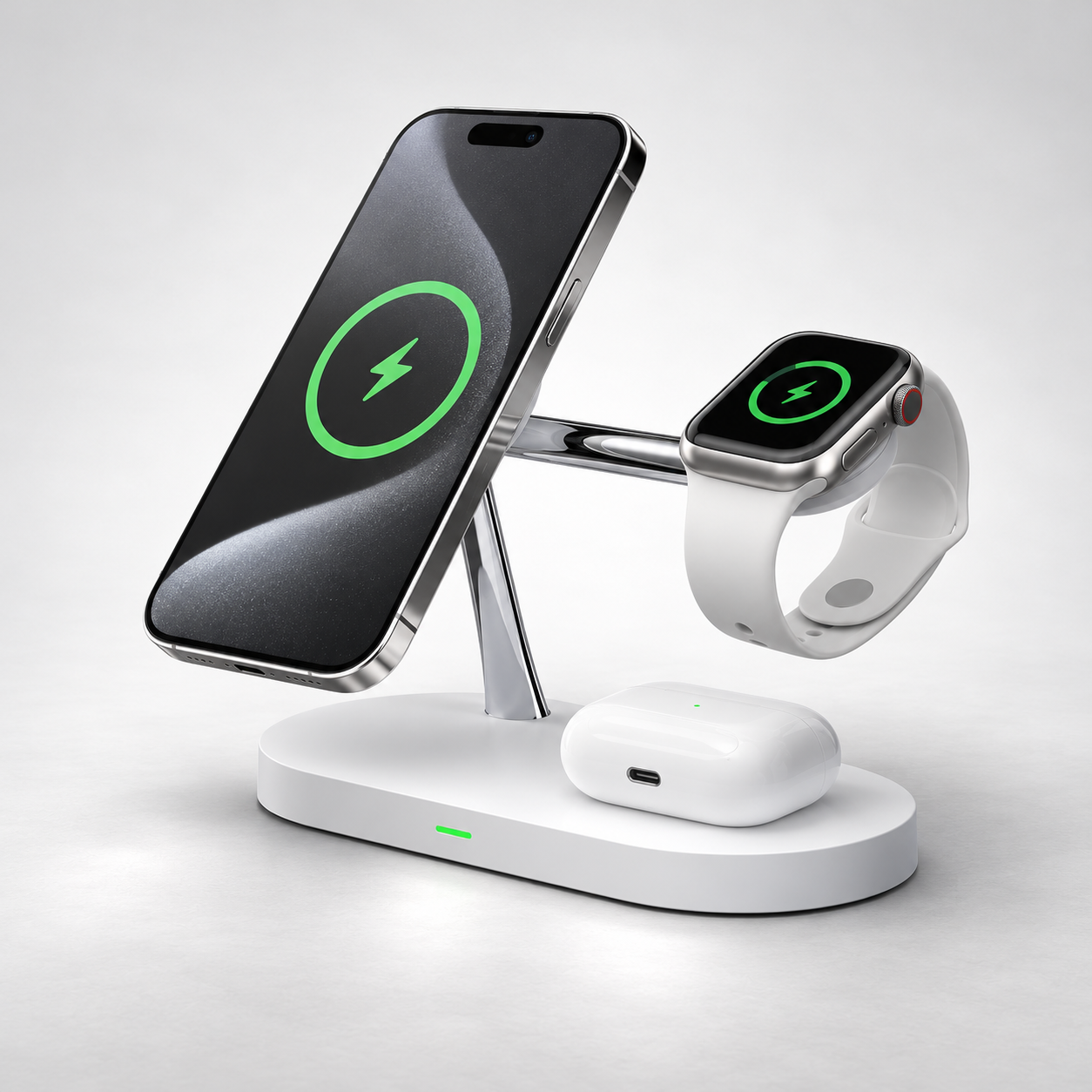 
                    White CENTRIX 3-in-1 magnetic charging stand for compatible phone, smartwatch and earbuds
                  