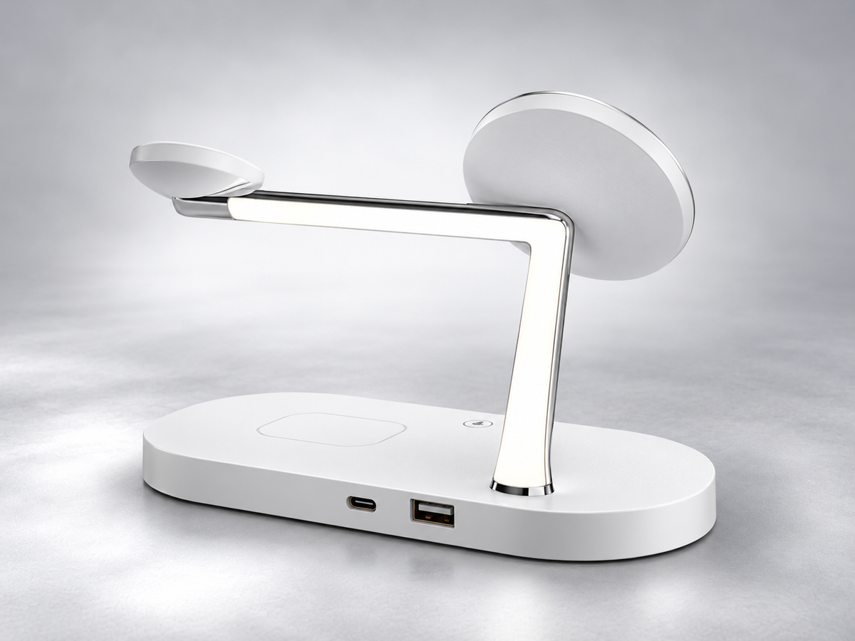Magnetic 3-in-1 charging stand for compatible phone, smartwatch and earbuds