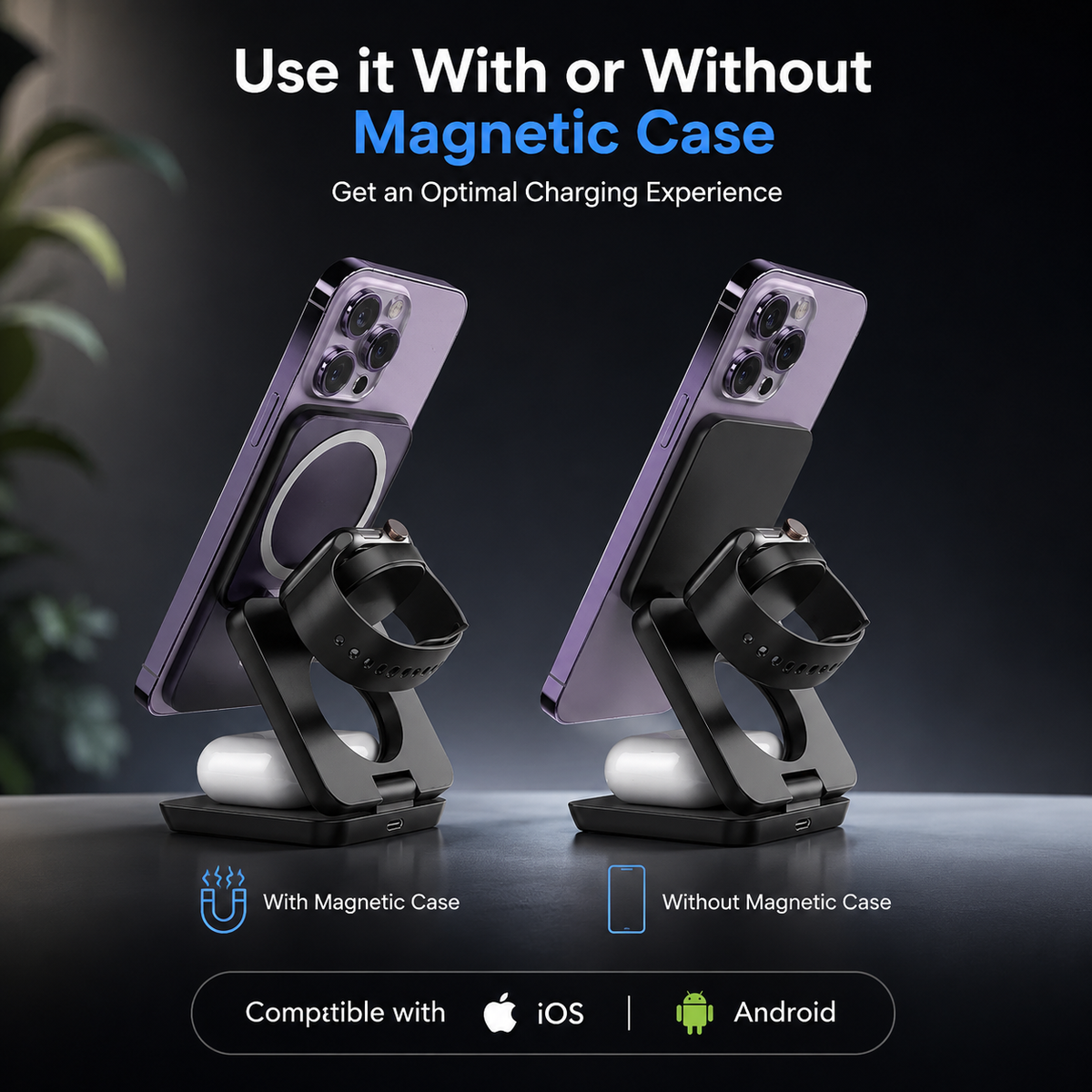 Foldable 3-in-1 magnetic wireless charging station for compatible phone, watch and earbuds