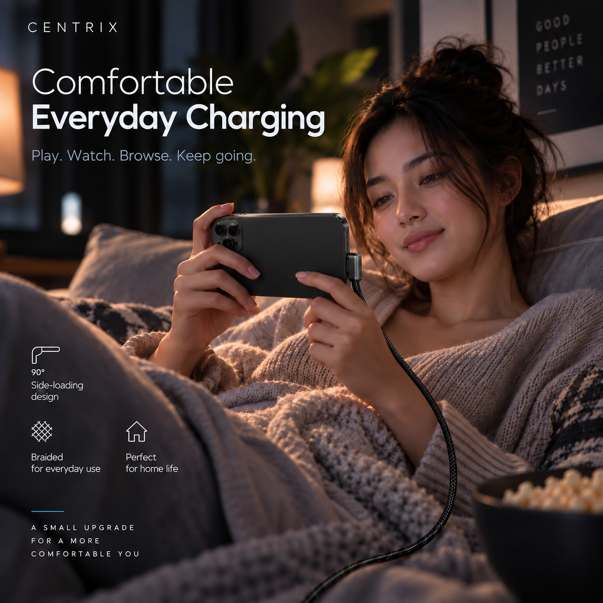 90-degree right-angle braided charging cable with USB-A or USB-C connector choices