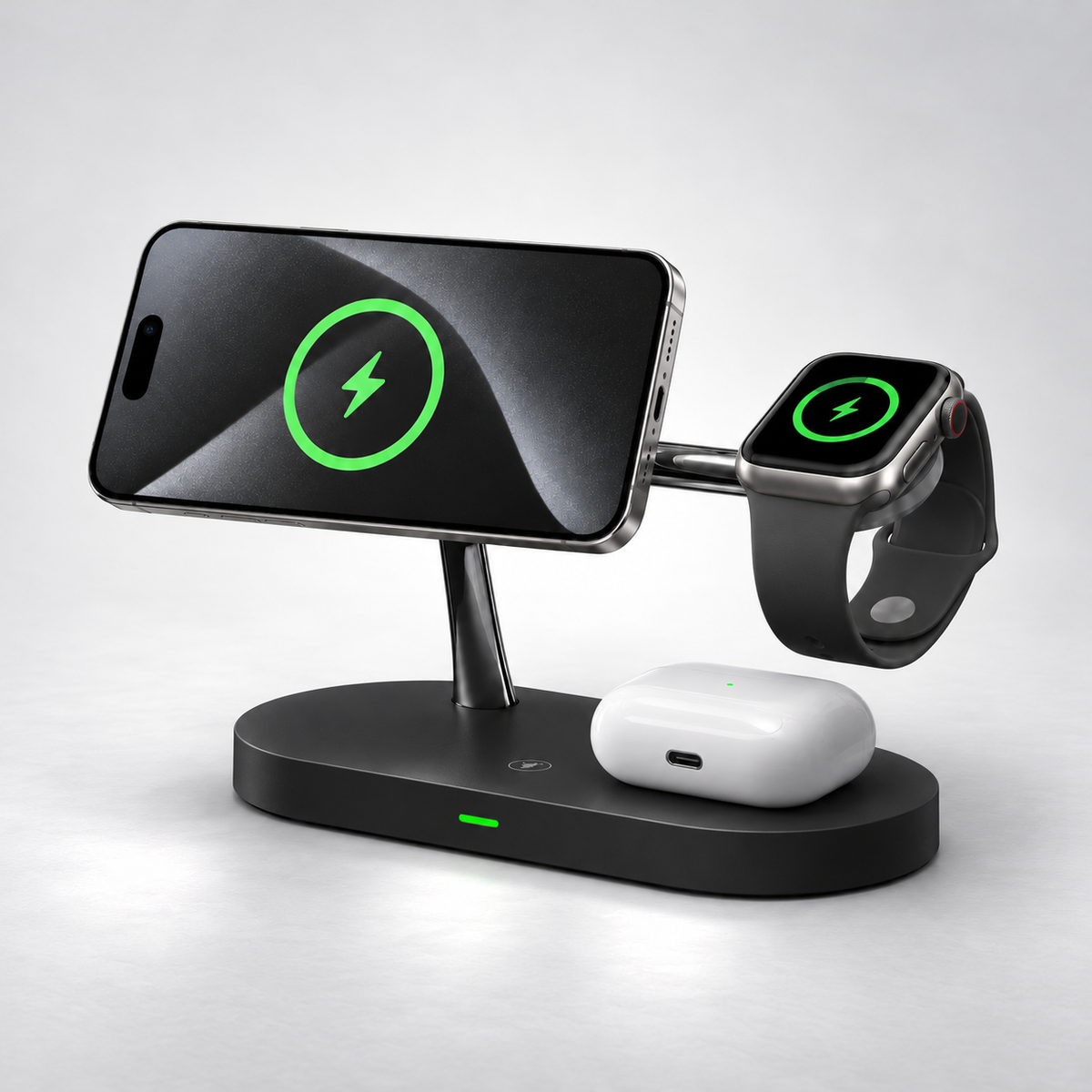 Magnetic 3-in-1 charging stand for compatible phone, smartwatch and earbuds in Black