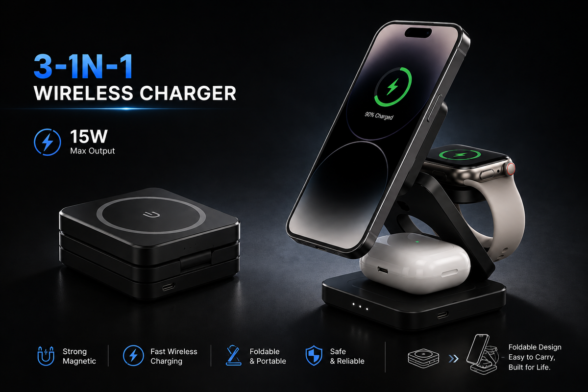 Foldable 3-in-1 magnetic wireless charging station for compatible phone, watch and earbuds