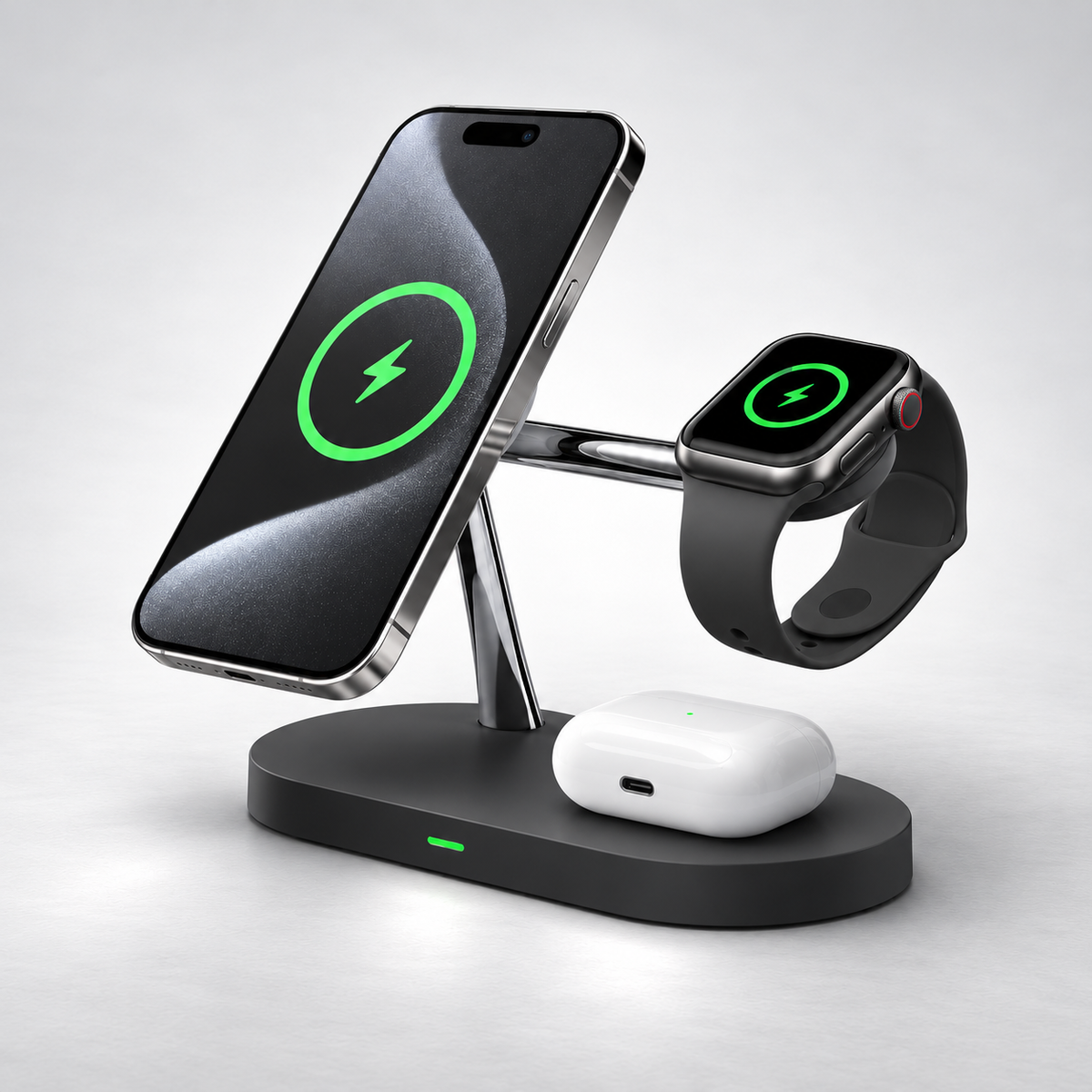 Black CENTRIX 3-in-1 magnetic charging stand for compatible phone, smartwatch and earbuds