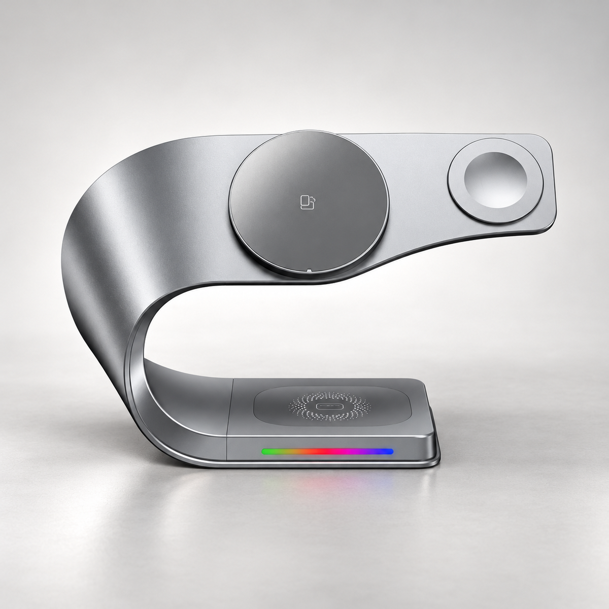 Metal 4-in-1 magnetic charging station offered in silver and gray in Silver