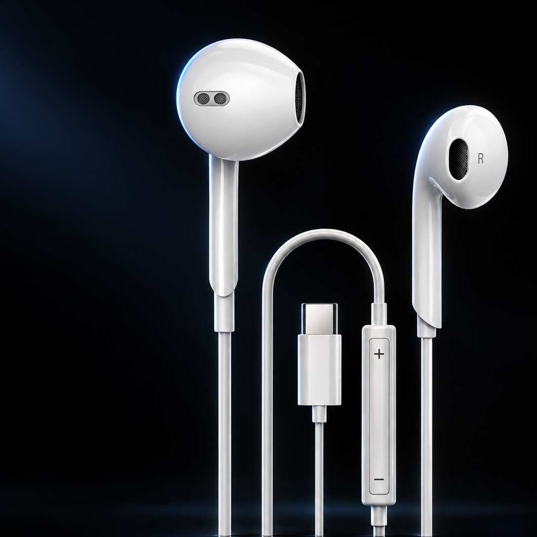 White wired in-ear headphones with a USB-C charging cable, inline remote control, and right/left earpiece markers, shown against a dark blue and black gradient background.