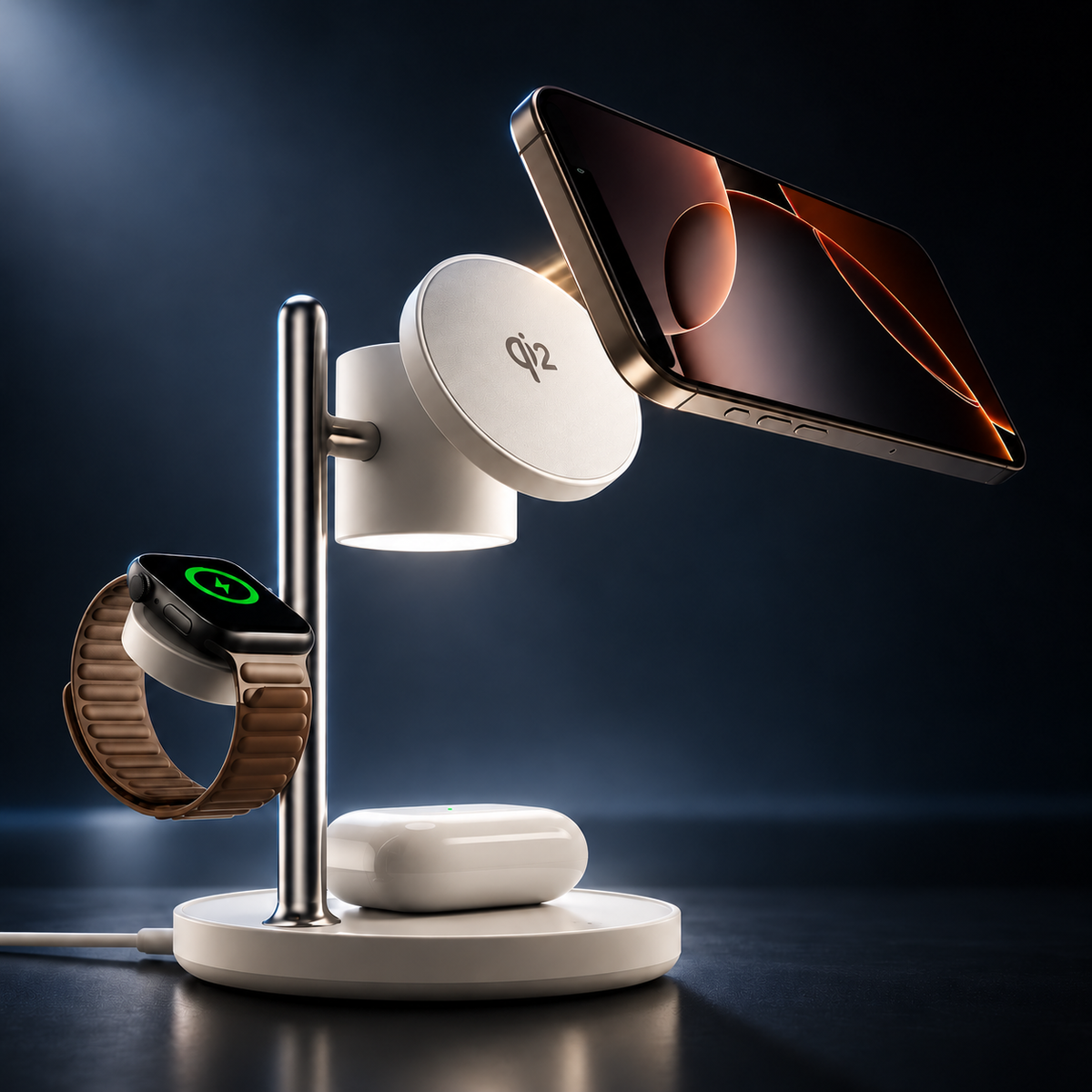 15W Qi2 magnetic charging station with integrated ambient lighting