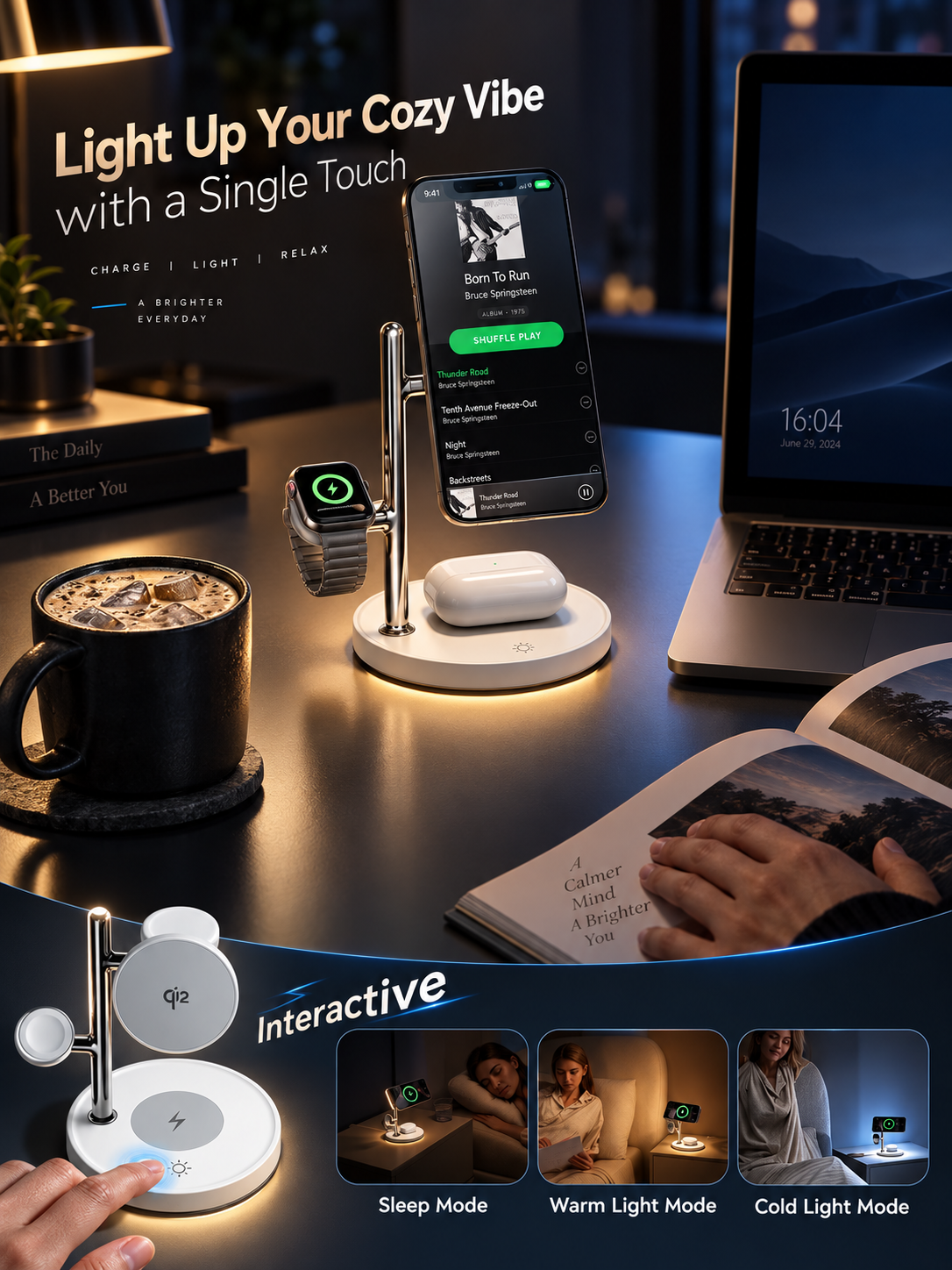 15W Qi2 magnetic charging station with integrated ambient lighting